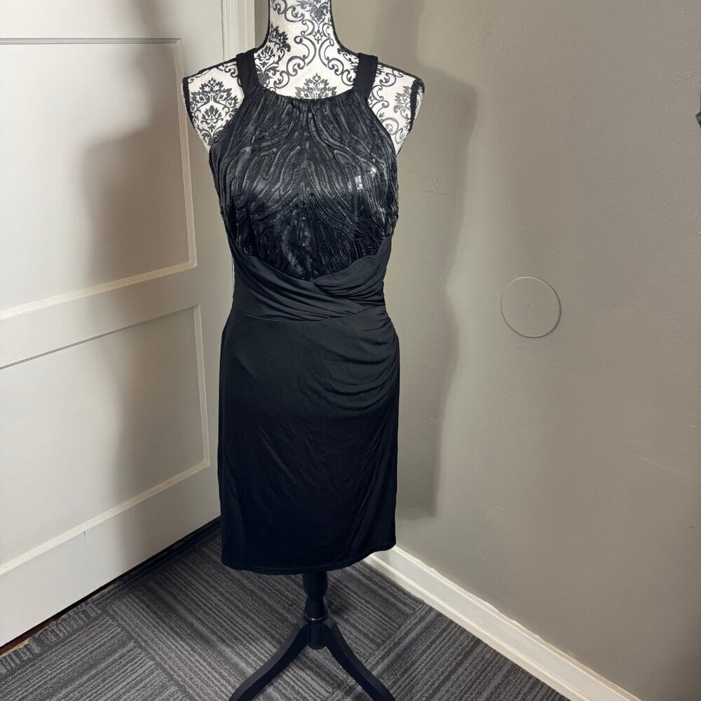 David Meister black seqiun ruched bodycon little black dress. High neck